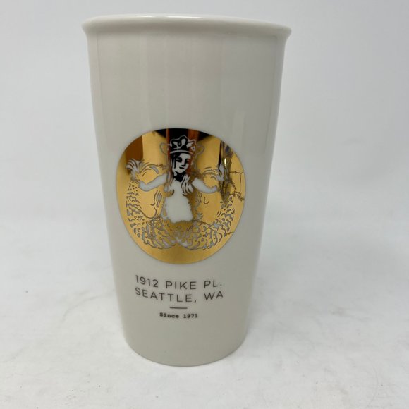 (SOLD)Starbucks Coffee White Porcelain and Gold Graphic Mug w/ Lid and Box - Picture 2 of 12